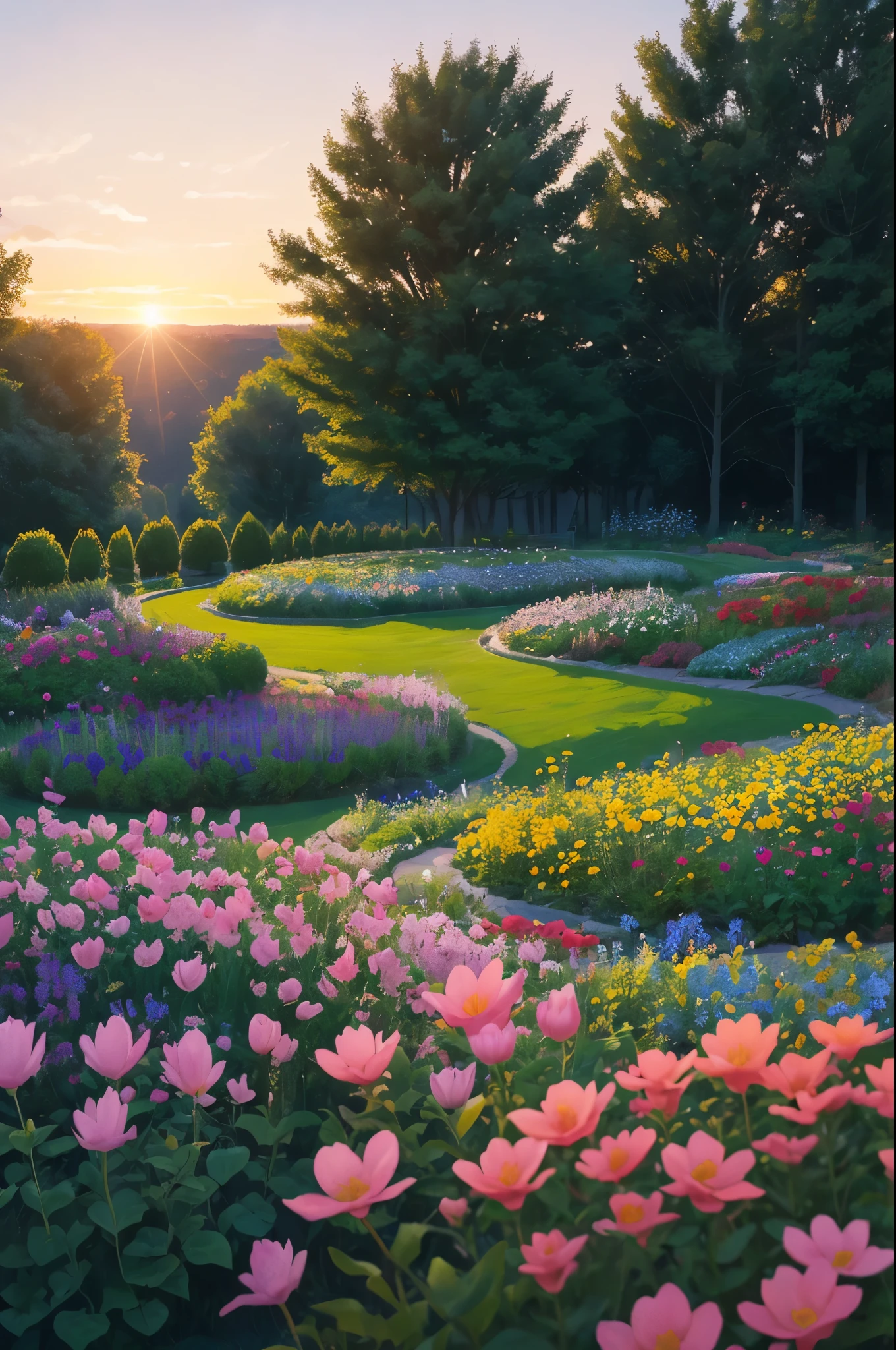 arafed view of a field of flowers with a sunset in the background, a pastel by Carol Bove, flickr, fine art, flower garden summer morning, beautiful border, in a cottagecore flower garden, cottagecore flower garden, lush flowery outdoors, incredibly beautiful, beautiful setting, beautiful lush colors, beautiful garden, flower garden, beautiful scene