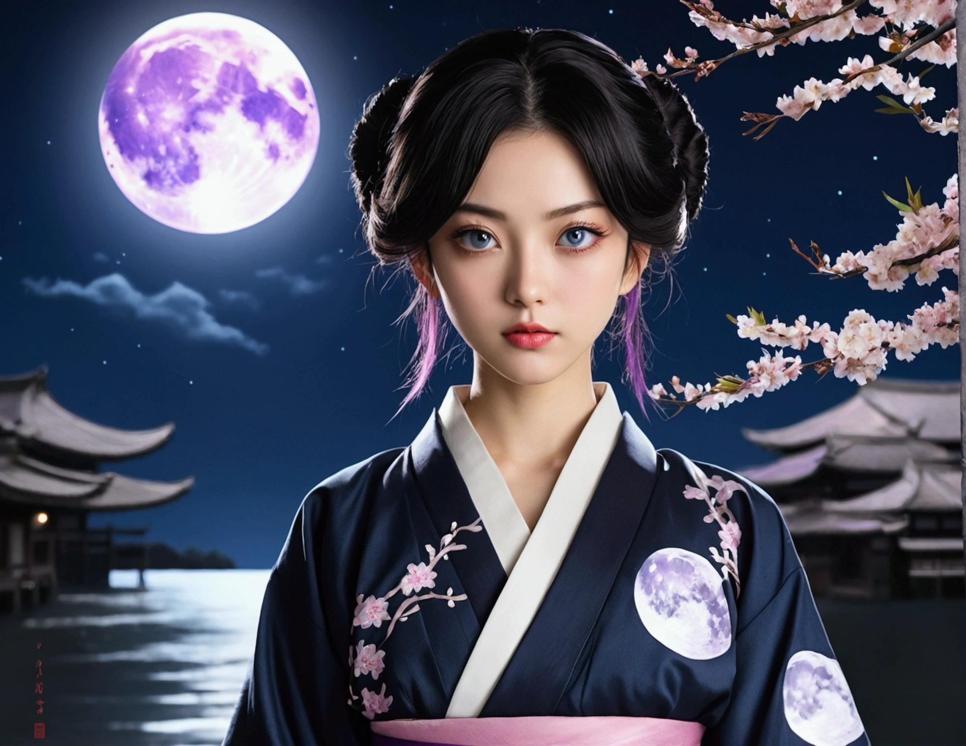 A woman with large, indifferent-looking deep blue eyes, long eyelashes, fair skin, pink lips, a beautiful face, an indifferent expression, no smile, long raven hair with a purple sheen reaching her waist, her hair loose and tied back slightly with a small silver crescent moon hairpin, voluminous hair, wispy bangs, wearing the Demon Slayer Corps uniform from Kimetsu no Yaiba, over a dark blue haori jacket, with a white full moon on the back of the haori and traditional water wave patterns surrounding the full moon, as well as cherry blossom branches and a few small cherry blossoms around the pattern, the haori's hem features a subtle blend of water wave and cherry blossom patterns, harmonious, elegant, and gentle. The scene is a night sky with the moon shining brightly along with stars, trees, and grass, in harmony. The lighting and blurriness create an ethereal effect. A gentle breeze blows, and her figure is slender and natural.