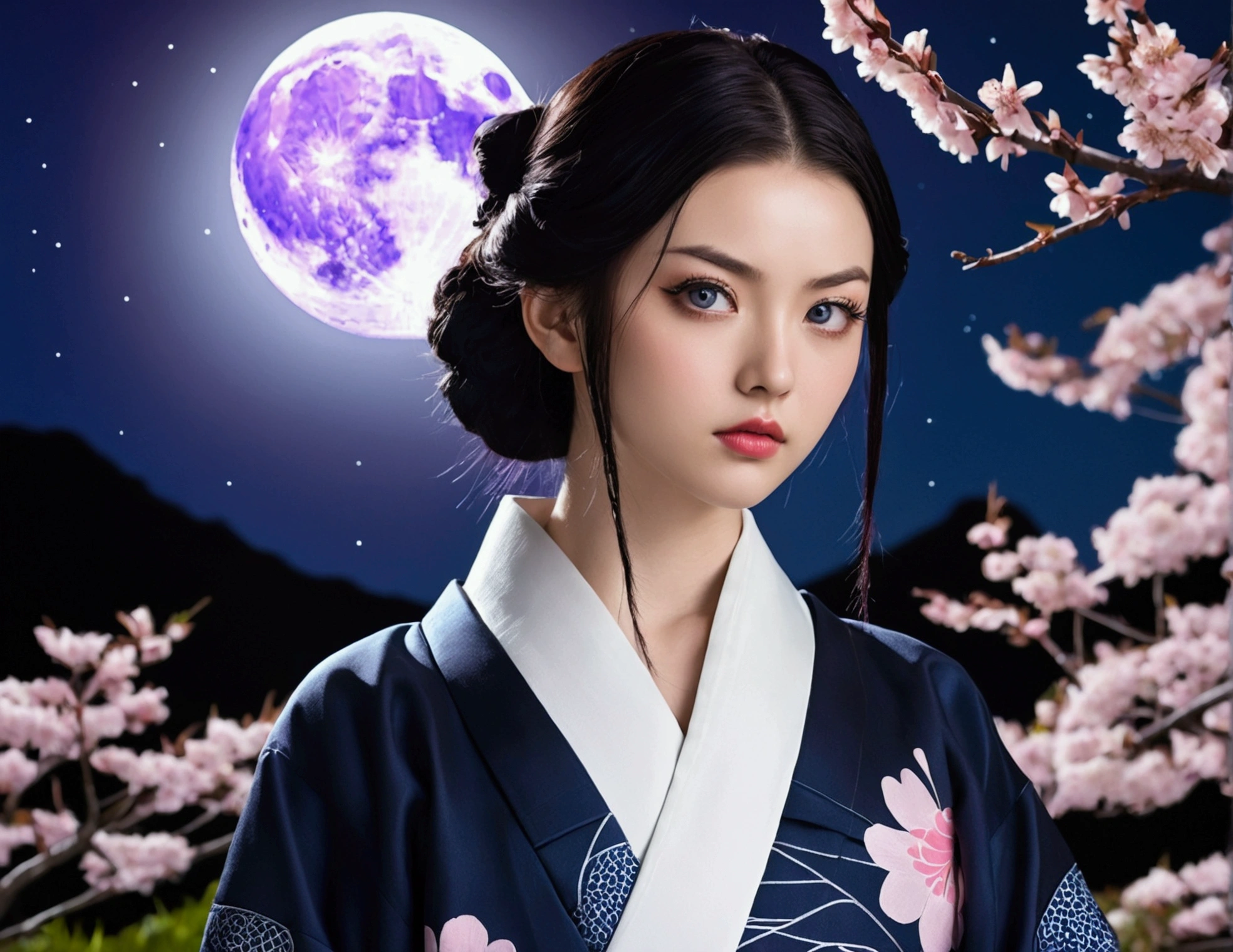 A woman with large, indifferent-looking deep blue eyes, long eyelashes, fair skin, pink lips, a beautiful face, an indifferent expression, no smile, long raven hair with a purple sheen reaching her waist, her hair loose and tied back slightly with a small silver crescent moon hairpin, voluminous hair, wispy bangs, wearing the Demon Slayer Corps uniform from Kimetsu no Yaiba, over a dark blue haori jacket, with a white full moon on the back of the haori and traditional water wave patterns surrounding the full moon, as well as cherry blossom branches and a few small cherry blossoms around the pattern, the haori's hem features a subtle blend of water wave and cherry blossom patterns, harmonious, elegant, and gentle. The scene is a night sky with the moon shining brightly along with stars, trees, and grass, in harmony. The lighting and blurriness create an ethereal effect. A gentle breeze blows, and her figure is slender and natural.