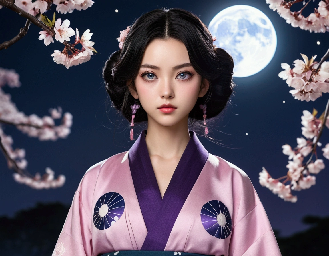 A woman with large, indifferent-looking deep blue eyes, long eyelashes, fair skin, pink lips, a beautiful face, an indifferent expression, no smile, long raven hair with a purple sheen reaching her waist, her hair loose and tied back slightly with a small silver crescent moon hairpin, voluminous hair, wispy bangs, wearing the Demon Slayer Corps uniform from Kimetsu no Yaiba, over a dark blue haori jacket, with a white full moon on the back of the haori and traditional water wave patterns surrounding the full moon, as well as cherry blossom branches and a few small cherry blossoms around the pattern, the haori's hem features a subtle blend of water wave and cherry blossom patterns, harmonious, elegant, and gentle. The scene is a night sky with the moon shining brightly along with stars, trees, and grass, in harmony. The lighting and blurriness create an ethereal effect. A gentle breeze blows, and her figure is slender and natural.