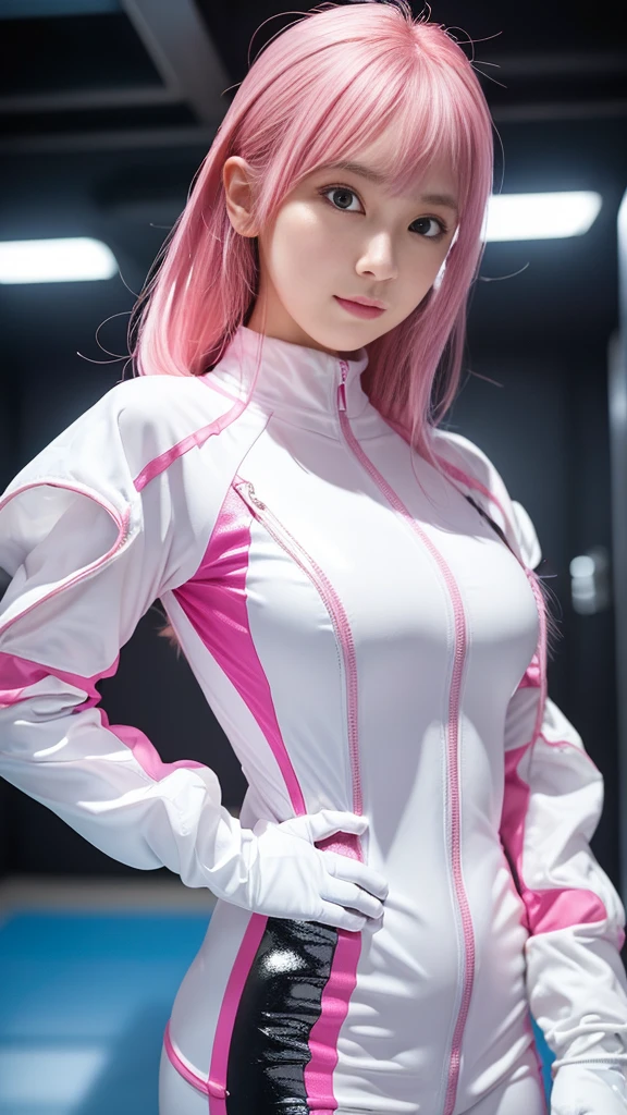(Place your index finger on your chin, bend the index finger, Shiny rubber suit, gazing at viewer, Leaning forward, 1 girl, Looking at Viewer, from the front side, facing straight at viewer, white and pink clothes, White Gloves, futuristic spacesuit, Inside the spaceship room), Smile, Upper body, body suit, Mini Pencil Skirt, High neck clothing, Hide the neck, drooping eyes, Head tilt, masutepiece, Best Quality, an extremely cute girl, 27 years old, Black and pink hair, blue line in the center of the clothes