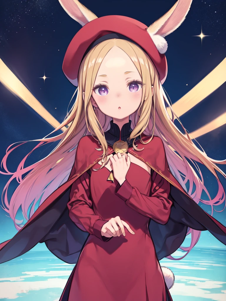 One Girl、、Red Beret、Blonde Hair、long hair、Purple Eyes、amount、Forehead、Red long sleeve dress、turtleneck、Red Cape、(Rabbit tail accessory on chest)、Upper Body、△ Mouth、Watching the audience、Nordic Village、Fantasy、blue sky、