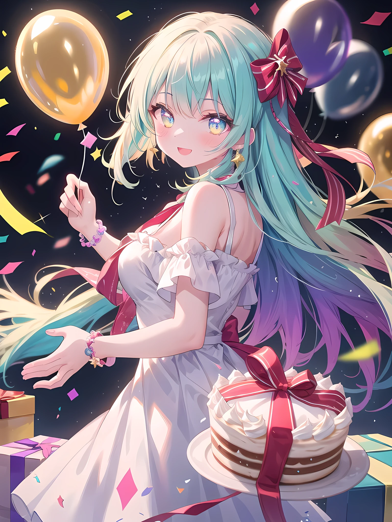 ((8k, best quality, master piece: 1.3)),super high resolution,(1 girl, solo), (colorshift eyes, hyperdetailed, expressive sparkling, glitter, glowing eyes), ultra detailed eyes, ultra-detailed face, random hair, ((pastel color)), Draw a 15-year-old girl enjoying a birthday party. The girl is wearing a colorful dress and has a happy expression as she stands in front of a cake and presents. There are balloons and party decorations in the background, which add to the bright and festive atmosphere. Draw the image from a camera angle that shows the cake, the presents, and the girl. The girl is holding a large bouquet of pastel-colored flowers in both hands. The colors come from the colorful decorations at the party and the cake decorations. It is a joyous scene with colorful confetti raining down. The confetti sparkles and glitters in the light, adding a festive and festive mood to the image. The background has vibrant colors and dynamic movement, which enhances the overall lively atmosphere.A whimsical scene featuring a rainbow bokeh effect. The background is filled with out-of-focus points of light in various colors, creating a soft, dreamy atmosphere. The main subject is sharply in focus, standing out against the blurred, colorful backdrop. The light spots shimmer and change colors, adding a magical touch to the image.