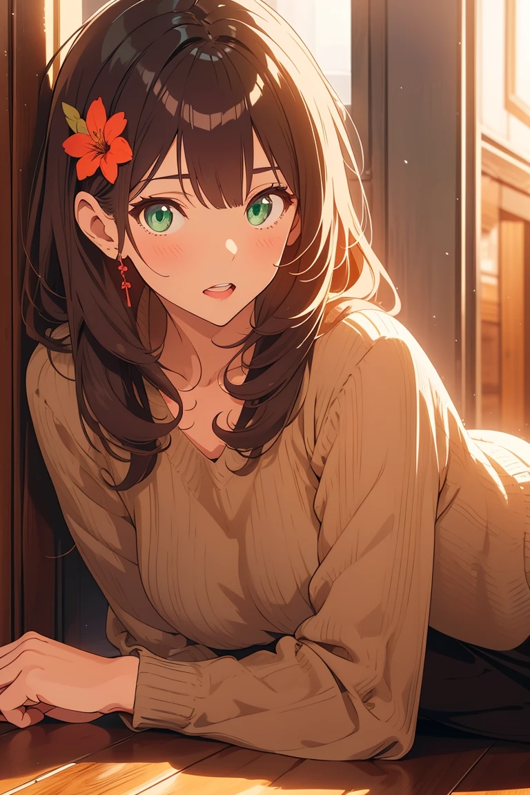 visual anime of a cute girl, best anime girl, Ecchi anime style, seductive lady, big ,long shiny brown hair ,detailed eyes and face,detailed lips,beautiful detailed eyes, green eyes, wearing a brown pencil miniskirt,  black high heels,   wearing low-cut blouse, khaki sweater,  hair ornament, in a seductive pose,  lying on the floor in profile, turning to see the viewer,  on a city street.