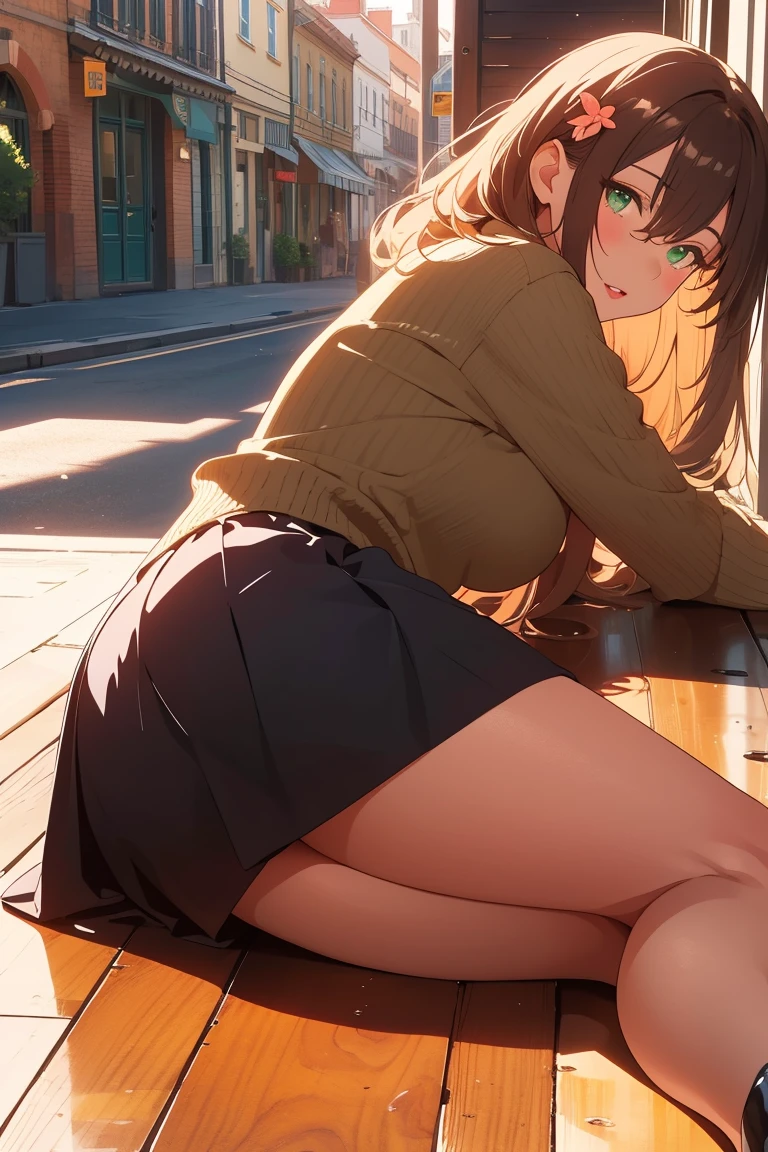 visual anime of a cute girl, best anime girl, Ecchi anime style, seductive lady, big ,long shiny brown hair ,detailed eyes and face,detailed lips,beautiful detailed eyes, green eyes, wearing a brown pencil miniskirt,  black high heels,   wearing low-cut blouse, khaki sweater,  hair ornament, in a seductive pose,  lying on the floor in profile, turning to see the viewer,  on a city street.