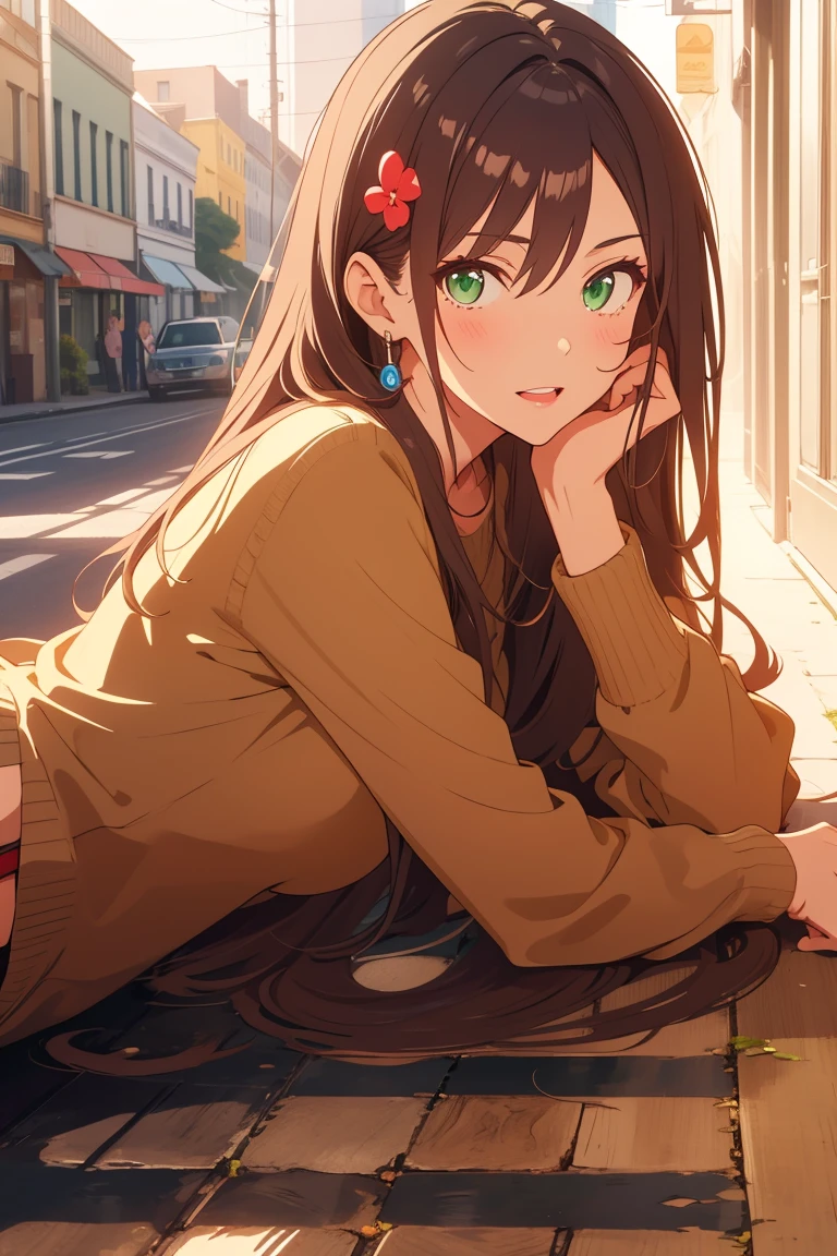 visual anime of a cute girl, best anime girl, Ecchi anime style, seductive lady, big ,long shiny brown hair ,detailed eyes and face,detailed lips,beautiful detailed eyes, green eyes, wearing a brown pencil miniskirt,  black high heels,   wearing low-cut blouse, khaki sweater,  hair ornament, in a seductive pose,  lying on the floor in profile, turning to see the viewer,  on a city street.