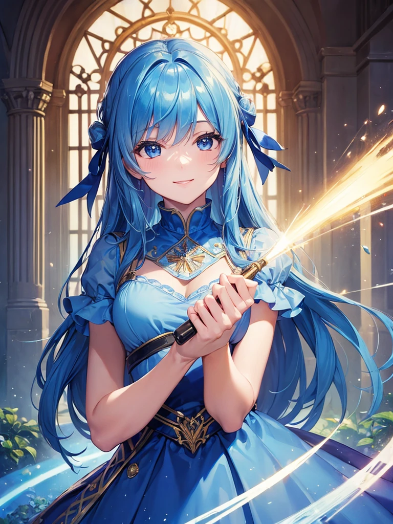 (masterpiece:1.5),(Beat quality),(high res),1girl solo,beautiful face,smile(shining eyes),upper body,light effects,Blue dress blue hair woman,Castle