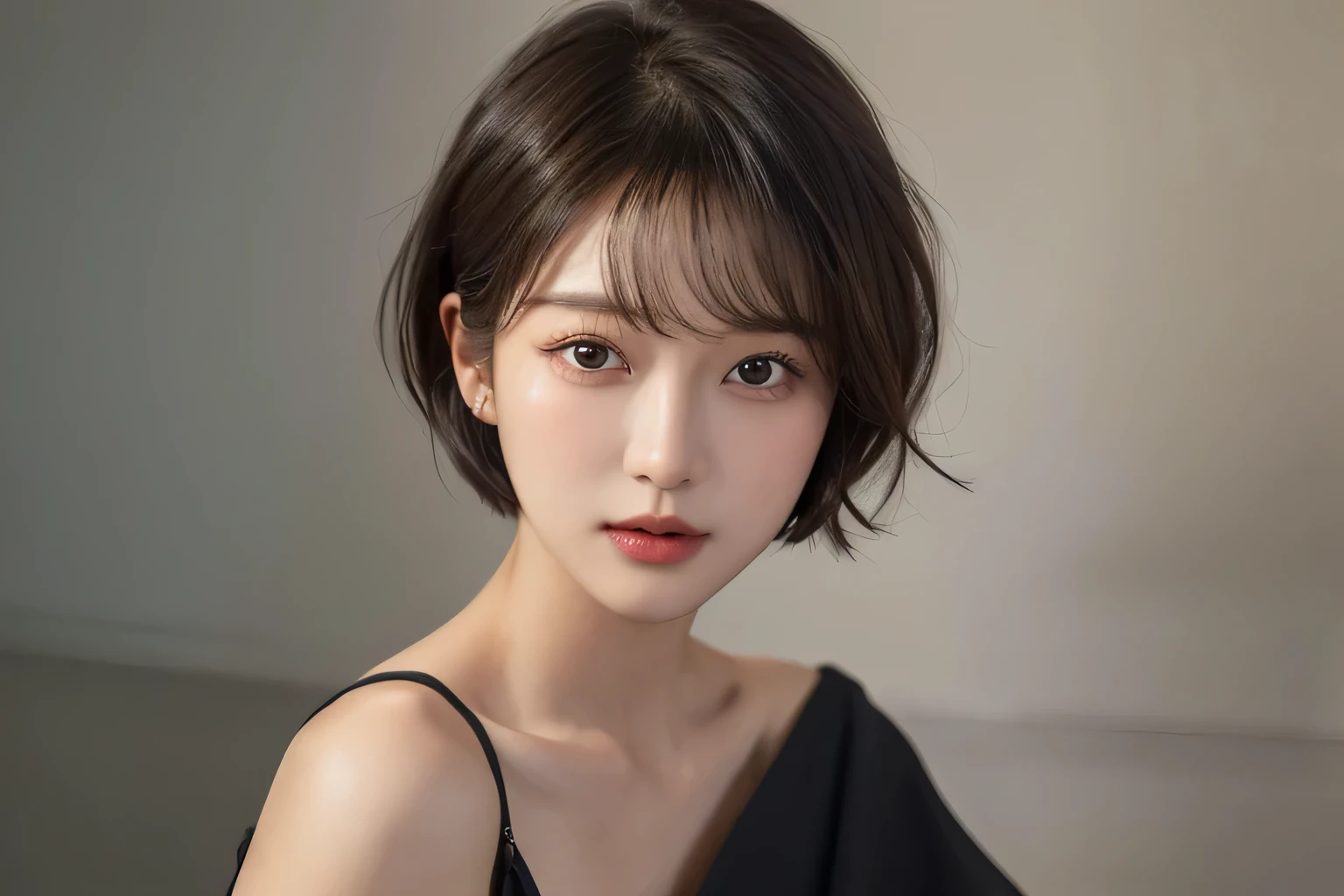 ((best quality, 8k, masterpiece :1.3)), 1 woman, whole body, ???? face, Pretty Woman, (dark brown short cut hair), ???? dress :1.1, very detailed face, detailed eyes, double eyelid, slim face, very detailed face과 피부 ?감, detailed eyes, double eyelid, ,portrait, front shot, looking straight ahead, 정면 portrait,