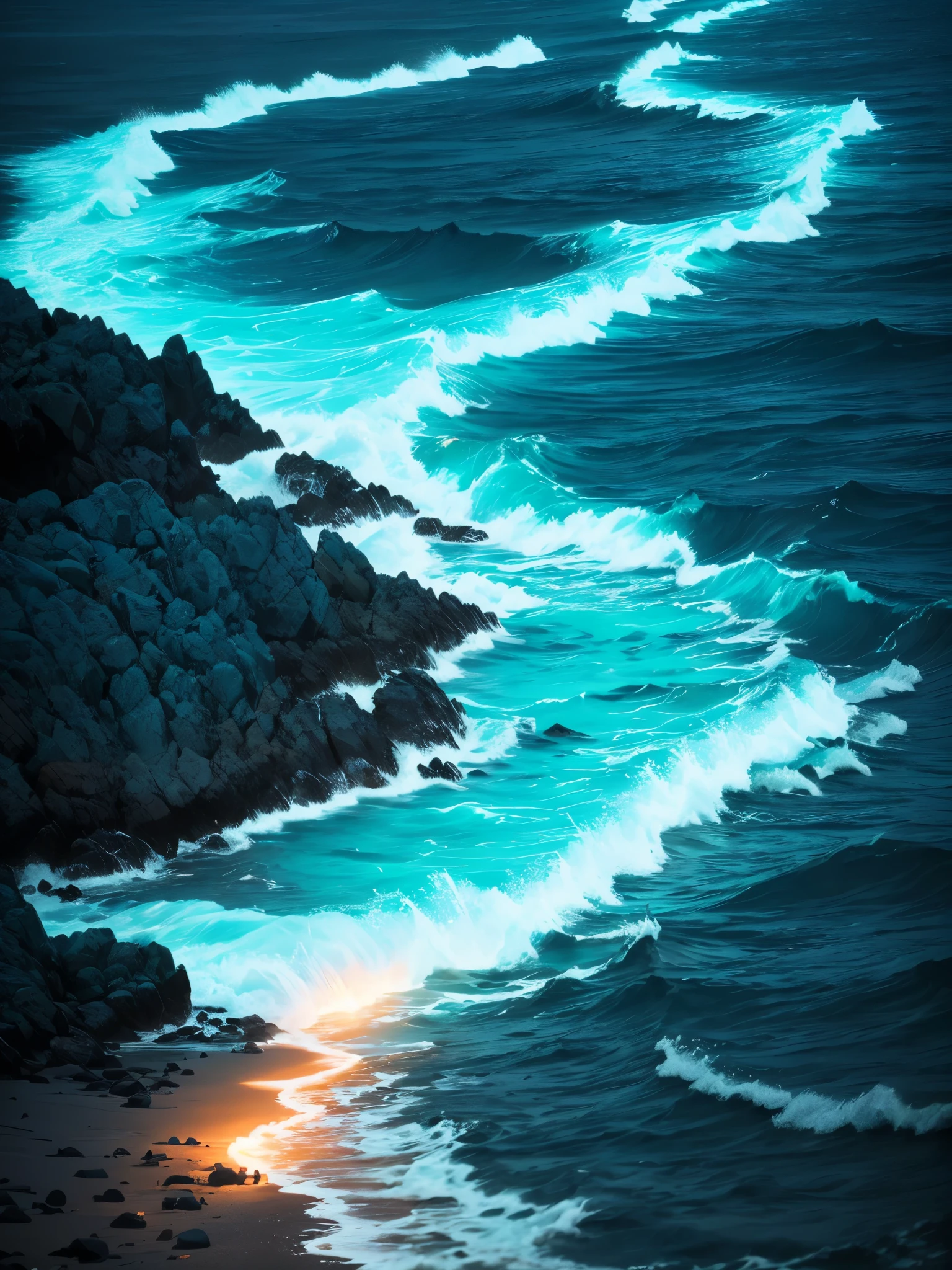 a close up of a beach with a light on the shore, makes the sea area glowing water, blue bioluminescence, bright blue glowing water, glowing water, glowing blue, glow wave, bioluminescent glow, [ bioluminescent colors ]!!, bioluminescent skin!, neon bioluminescence