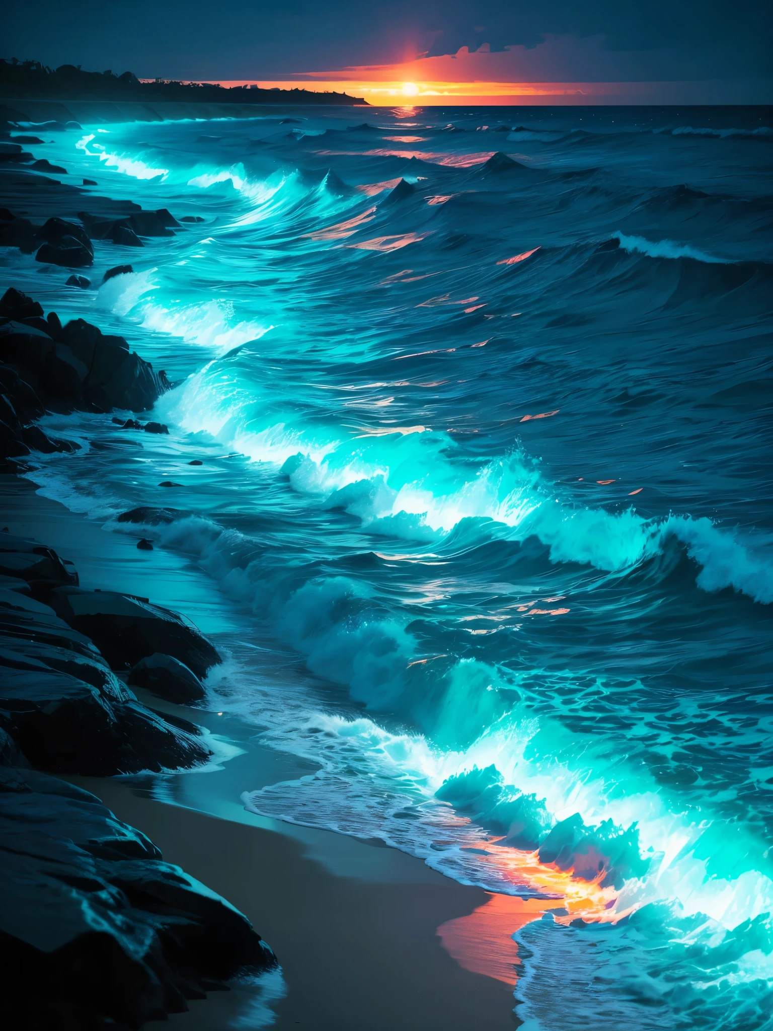a close up of a beach with a light on the shore, makes the sea area glowing water, blue bioluminescence, bright blue glowing water, glowing water, glowing blue, glow wave, bioluminescent glow, [ bioluminescent colors ]!!, bioluminescent skin!, neon bioluminescence