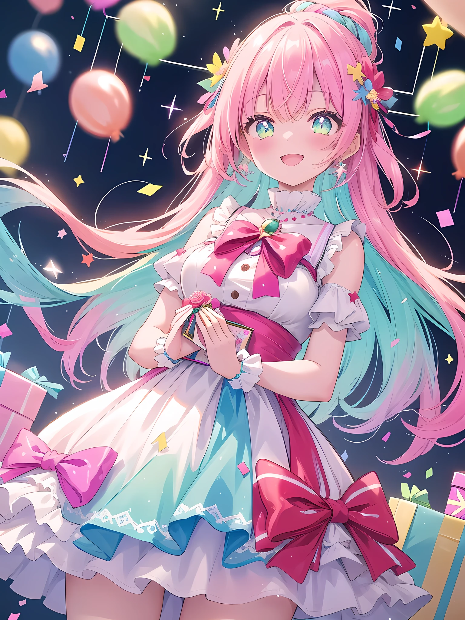 ((8k, best quality, master piece: 1.3)),super high resolution,(1 girl, solo), (colorshift eyes, hyperdetailed, expressive sparkling, glitter, glowing eyes), ultra detailed eyes, ultra-detailed face, random hair, ((pastel color)), Draw a 15-year-old girl enjoying a birthday party. The girl is wearing a colorful dress and has a happy expression as she stands in front of a cake and presents. There are balloons and party decorations in the background, which add to the bright and festive atmosphere. Draw the image from a camera angle that shows the cake, the presents, and the girl. The girl is holding a large bouquet of pastel-colored flowers in both hands. The colors come from the colorful decorations at the party and the cake decorations. It is a joyous scene with colorful confetti raining down. The confetti sparkles and glitters in the light, adding a festive and festive mood to the image. The background has vibrant colors and dynamic movement, which enhances the overall lively atmosphere.