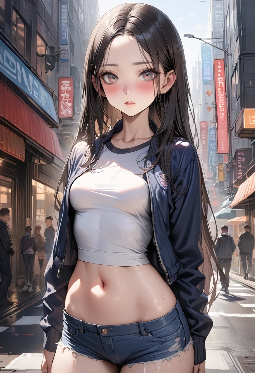 (((masterpiece,Highest quality:1.3,best quality illustration))),((realistic:1.3)),cowboy shot,独奏,1woman,((28-year-old beauty)),black hair,straight long hair,forehead,center parted bangs,black eyes,(gorgeous big eyes),((very small head:1.2)),blush,((very long body,skinny,slender body)),((Navy blue baseball jacket)),small breasts,gleaming skin,oily skin,denim micro shorts,navel、White tube top shirt,on street,New York City、