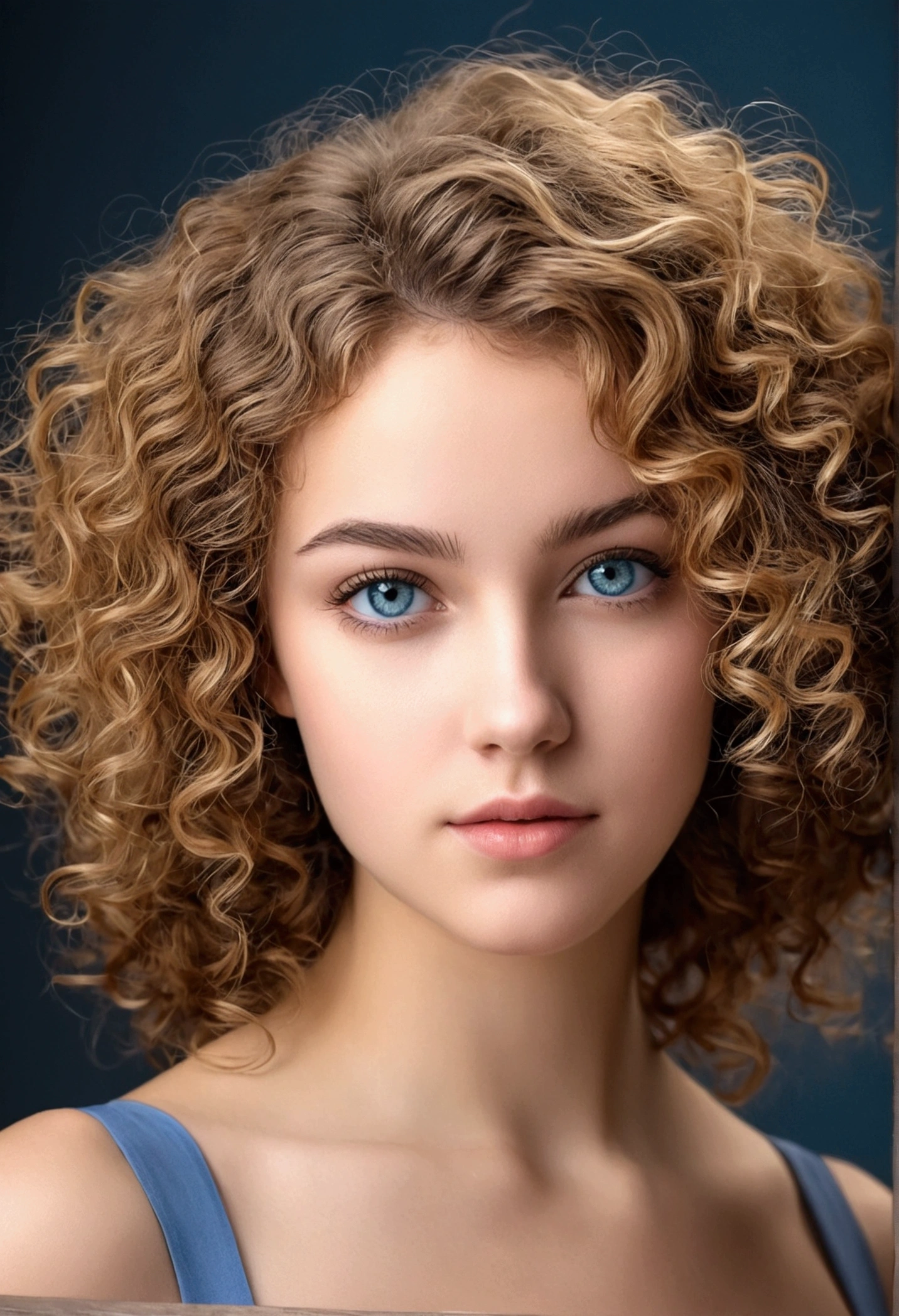 "Portrait complet du corps d'une charmante fille aux cheveux bouclés, chiffre, Beau visage, yeux bleus captivants, et grande taille de buste, mettant en valeur sa beauté naturelle."