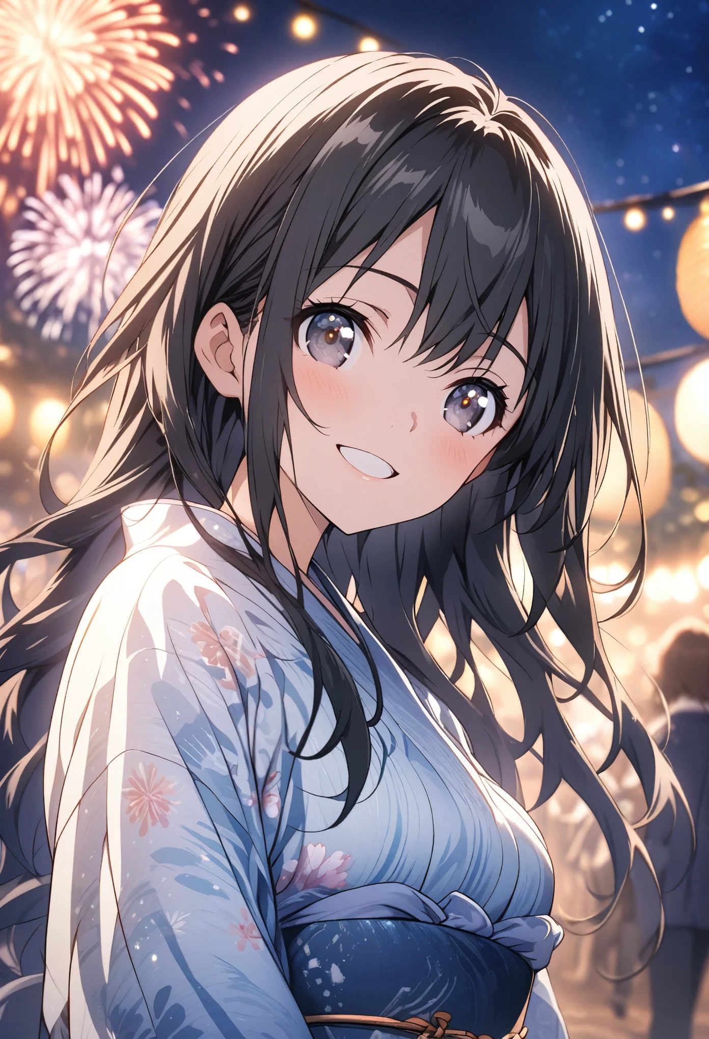 masterpiece, Highest quality, Highly detailed CG Unity 8k wallpaper, High  Girl Anime Illustration. Please wear a yukata、She looks up at the sky with sparkling eyes、She's opening her mouth, smile. The background is a light pastel colored landscape., 1girl,long hair,Black hair,Black eyes, Cowboy Shot、night, Lots of fireworks, bokeh photography, (soft focus):1.2, out-of-focus highlights, dreamy ambiance, glowing circles, mesmerizing depth, looking to the side