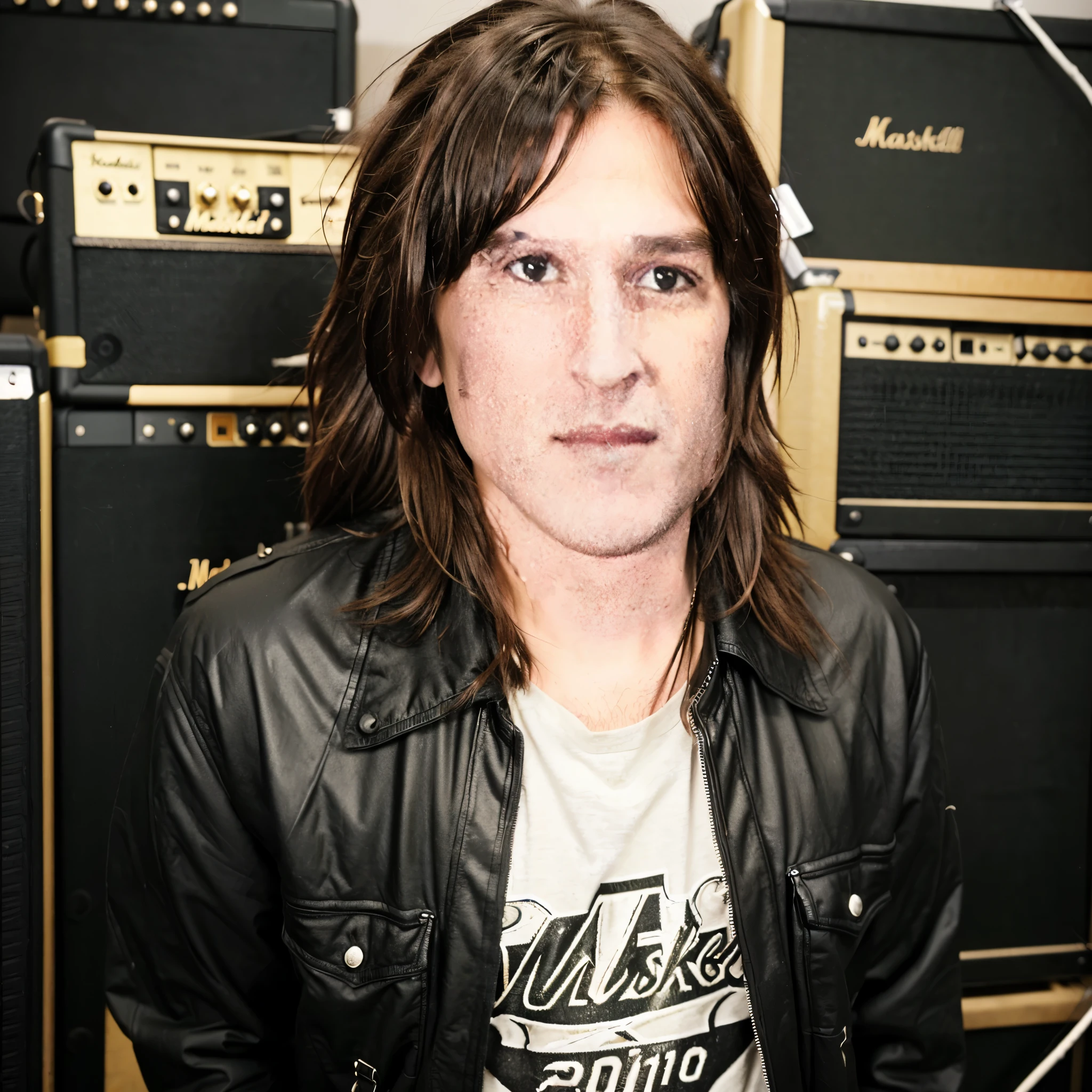 candid photo of a hard rocker standing in front of his Marshall Stack in 2008 --style raw --s 0 --ar 10:16 --v 6.0
