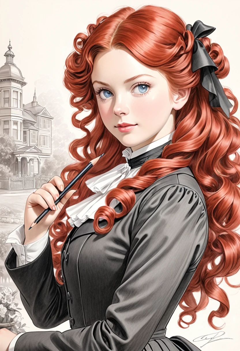 A pencil drawing of a young victorian governess, curly red hair. Kind and inteligent energy.