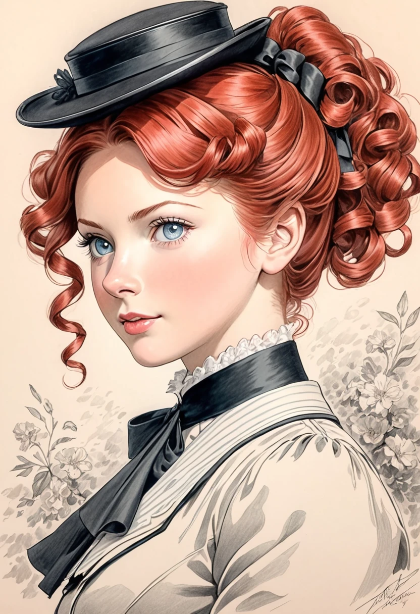 A pencil drawing of a young victorian governess, curly red hair. Kind and inteligent energy.