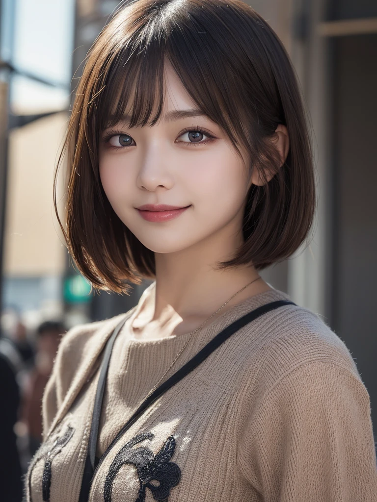 masterpiece, best quality, illustration, ultra-detailed, finely detailed, high resolution, 8K wallpaper, perfect dynamic composition, beautiful detailed eyes, Shibuya, edgy fashion, short hair, fierce expression, cute, smile, looking at camera