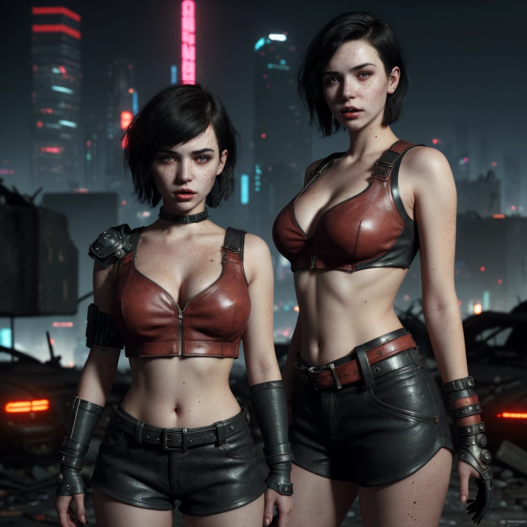 Girl with short dark hair, against the backdrop of a destroyed city at night, Face with freckles, Plump lips, magnificent bust, deep neckline top,  red leather shorts, cyberpunk style, fantasy, art style, More realism, realistic style, more high-tech details in clothing, cinematic quality, weapon, stands half a turn.