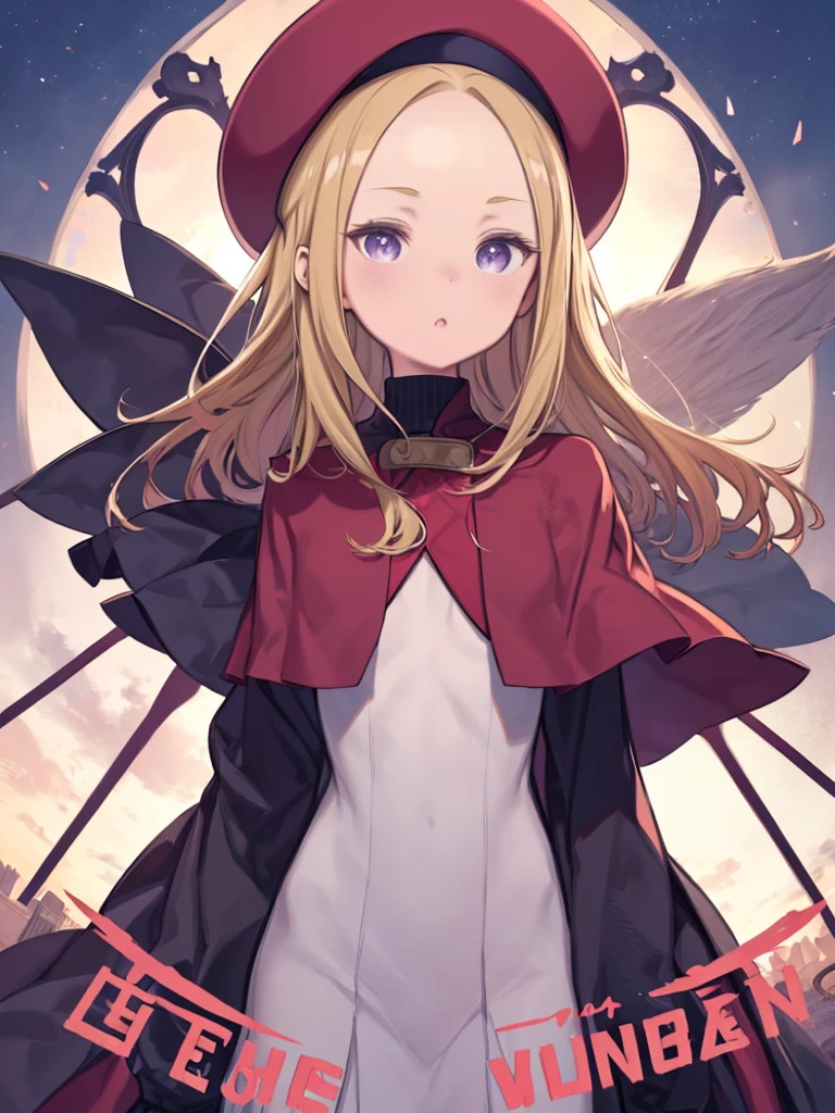 One Girl、、Red Beret、Wear your hat deeply、Blonde Hair、long hair、Purple Eyes、amount、Forehead、Red long sleeve dress、turtleneck、Red Cape、(Rabbit tail accessory on chest)、Upper Body、△ Mouth、Watching the audience、Nordic Village、middle ages、blue sky、
