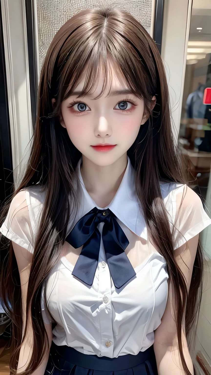 perfect figure beautiful woman：1.4，Layered Hair Style，Protruding cleavage，see-through school uniform：1.5，Highly Detailed Face and Skin Textur，double eyelid，Whiten the skin，Collar