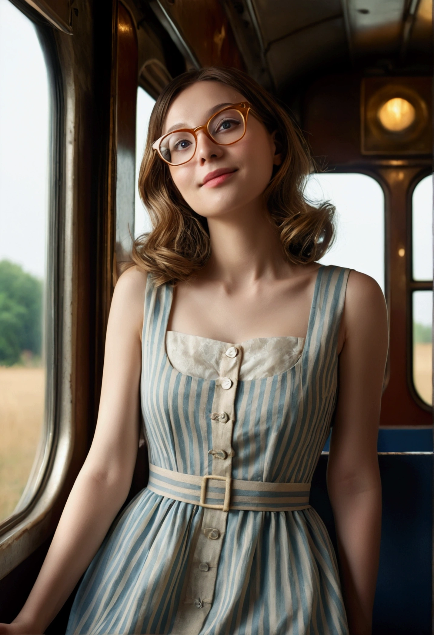 (Best quality, Ultra detailed, Golden ratio, Masterpiece:1.2), Theatrical lighting:0.7, Photo of a woman, dressed in a very elegant and pretty dress, Perfect rare face, (Highly detailed skin), randomly dyed hair, Hide your mouth with your hands、Ridicule, skin texture, Pale skin, shiny skin, (thin, large size:1.2), [:(Sharp focus on rare face, perfect eyes:1.2):0.2], photorealistic, film grain, Put one foot forward、from below looking up、look at camera、Emphasize the shoulders, Focus on face、Stockings、glasses、Smile with corners of mouth raised、disdainful expression, summer haze, muted colors, muted warm colors, Photo cinematic portrait of a woman dressed in a striped dress sitting by the window in the early morning, cinematic, (tilted:1.3) (on an old train) look cautious, standing under a spotlight, volumetric dust clouds, key light, backlight, soft natural lighting, photography Film grain ISO 400 30 mm lens RAW f1.8 aperture, highly detailed (analog photography:1), colors hdr