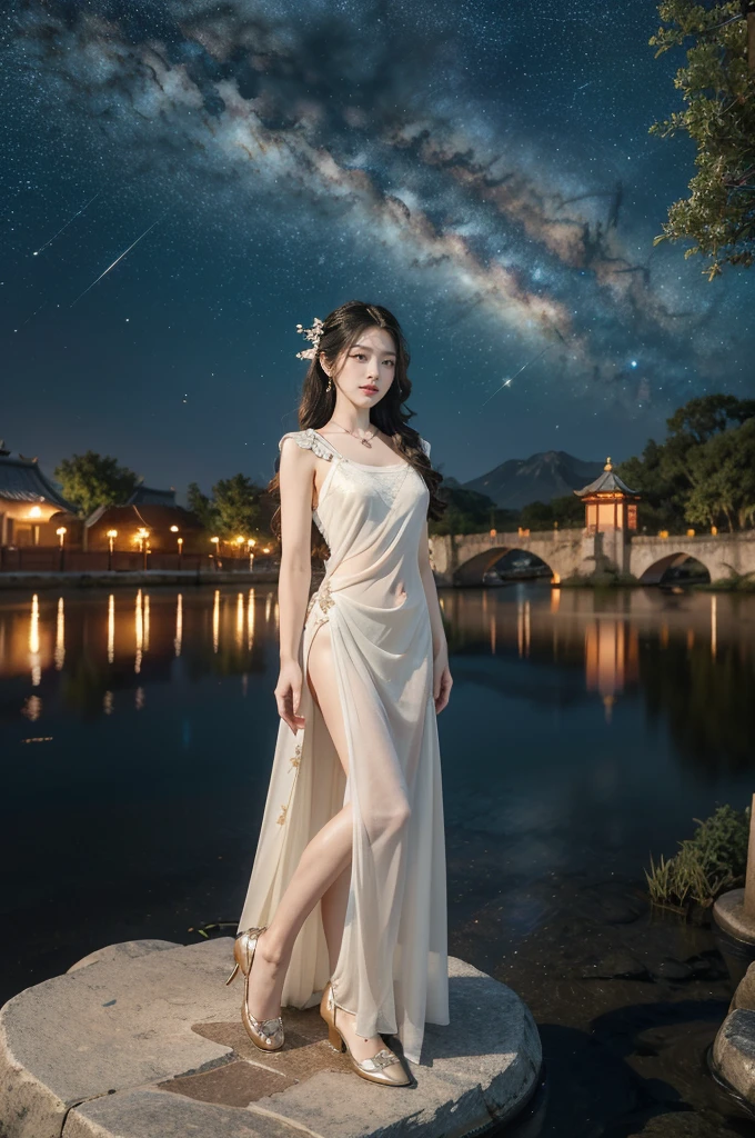 (((best quality))),(((ultra detailed))),(((masterpiece))),illustration,((1 beautiful girl,solo)),(shoulder length straight hair:1.2),((earrings,necklace)),((slim,thin)),((small breasts,flat chest)),(gorgeous sheer red Hanfu:1.5),(slender legs:1.2),(loafers:1.2),(standing:1.3),(arms behind back:1.5),(on the stone arch bridge:1.3),((starry sky,the Milky Way,horizon)),elegance, grace, sophisticated updo, delicate hairpins, twinkling stars, radiant smile, bright eyes, wonder, beauty of the night sky, intricate patterns, flowers, birds, vibrant colors, ethereal, enchanting, old bridge, weathered, sturdy, natural surroundings, serene, peaceful atmosphere, rippling water, stars, graceful silhouette, magic, tranquility, twinkling stars, mesmerizing canopy of light, cool air, crisp, faint scent of blooming flowers, contemplation, admiration, ancient China, timeless, rich culture, traditions, captivating, enchanting atmosphere, myth, legend,((from front,full body))
