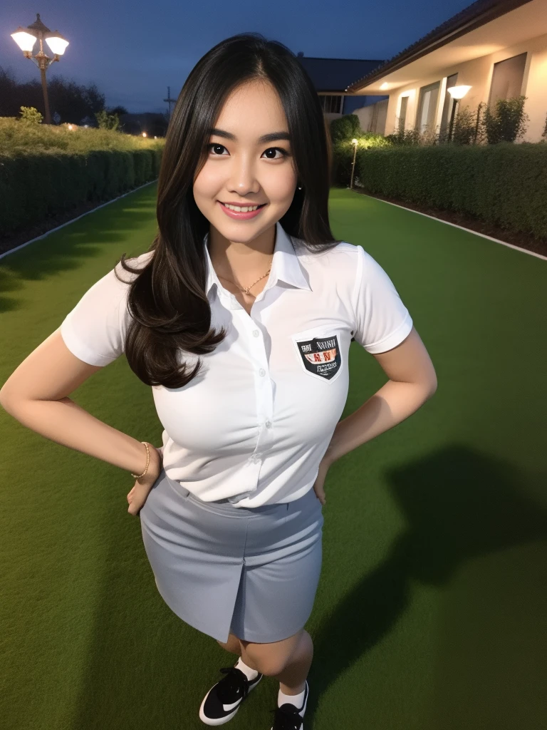 1girl, solo, (uniform), standing, outdoors, Night view, Metropolitan city scenery at the background, (ultra wide angle shot: 1.4), beautiful scenery, detailed face, little smile, detailed eyes, thick breasts, smooth skin, tight white shirt, grey blue short skirt, looking at the audience, low angle shot,(8k, RAW photo, best quality, masterpiece: 1.2), (realistic, realistic: 1.37), ultra-high resolution