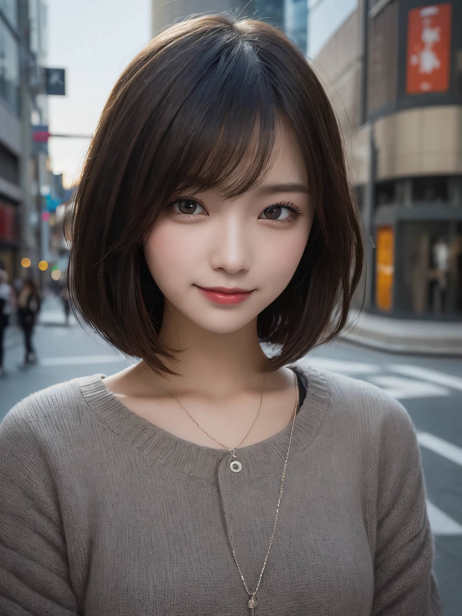 masterpiece, best quality, illustration, ultra-detailed, finely detailed, high resolution, 8K wallpaper, perfect dynamic composition, beautiful detailed eyes, Shibuya, edgy fashion, short hair, fierce expression, cute, smile, looking at camera