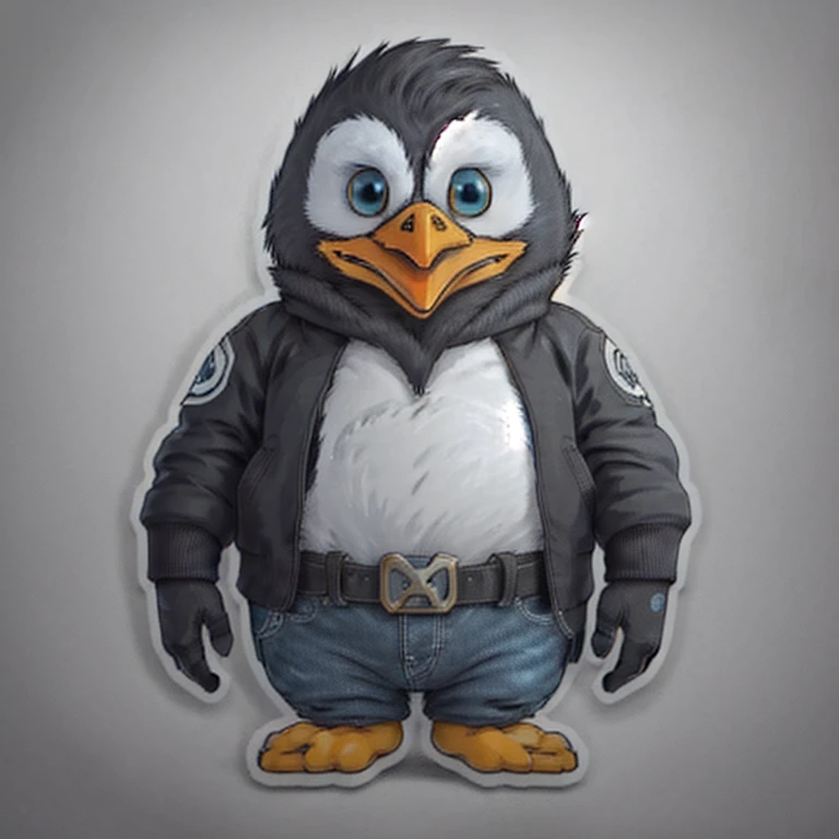 cute cartoon penguin wearing a jacket and jeans in front of a gray background, owl wearing black biker jacket, mecha anthropomorphic penguin, anthropomorphic penguin, fat penguin unity asset, Mascot Illustration, penguinz0, mascote de corpo inteiro, robot duck concept portrait, High detail iconic character, Detailed and cute digital art, fat penguin, Cyber Penguin in Fallout 4