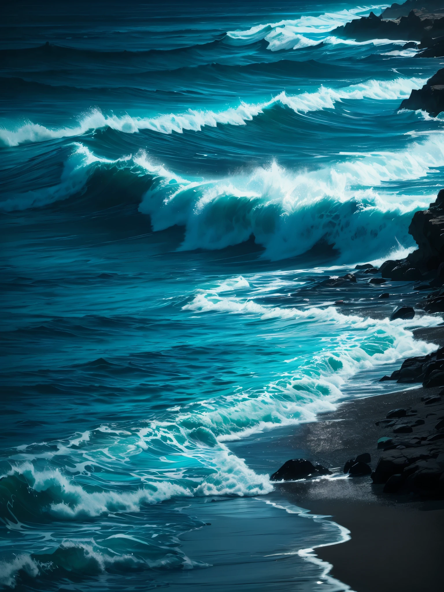 a close up of a beach with a light on the shore, a photorealistic painting by Alison Geissler, tumblr, conceptual art, makes the sea area glowing water, blue bioluminescence, bright blue glowing water, glowing water, glowing blue, glow wave, bioluminescent glow, [ bioluminescent colors ]!!