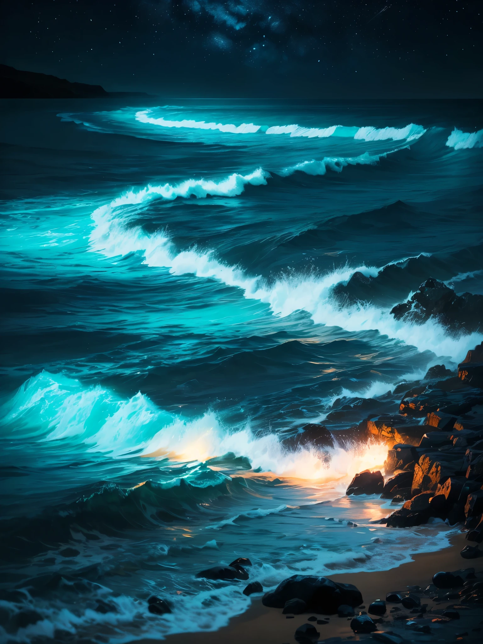 a close up of a beach with a light on the shore, a photorealistic painting by Alison Geissler, tumblr, conceptual art, makes the sea area glowing water, blue bioluminescence, bright blue glowing water, glowing water, glowing blue, glow wave, bioluminescent glow, [ bioluminescent colors ]!!