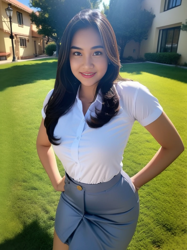 1girl, solo, (uniform), standing, outdoors, Night view, Metropolitan city scenery at the background, (ultra wide angle shot: 1.4), beautiful scenery, detailed face, little smile, detailed eyes, thick breasts, smooth skin, tight white shirt, grey blue short skirt, looking at the audience, low angle shot,(8k, RAW photo, best quality, masterpiece: 1.2), (realistic, realistic: 1.37), ultra-high resolution