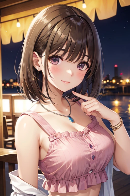 anegasaki nene、Shiny brown hair, short hair, (Beautiful brown eyes、Sparkling eyes, Fine grain)、smile、Ultra-detailed eyes、Highly detailed face, Highly detailed eyes,


Highest quality、masterpiece、High sensitivity、High resolution、Detailed Description、Cowboy Shot、
masterpiece, Highest quality, Vanille, necklace, bracelet, Pink Crop Top, Upper Body, smile, Mouth closed, Happy, night, carnival, View your viewers 