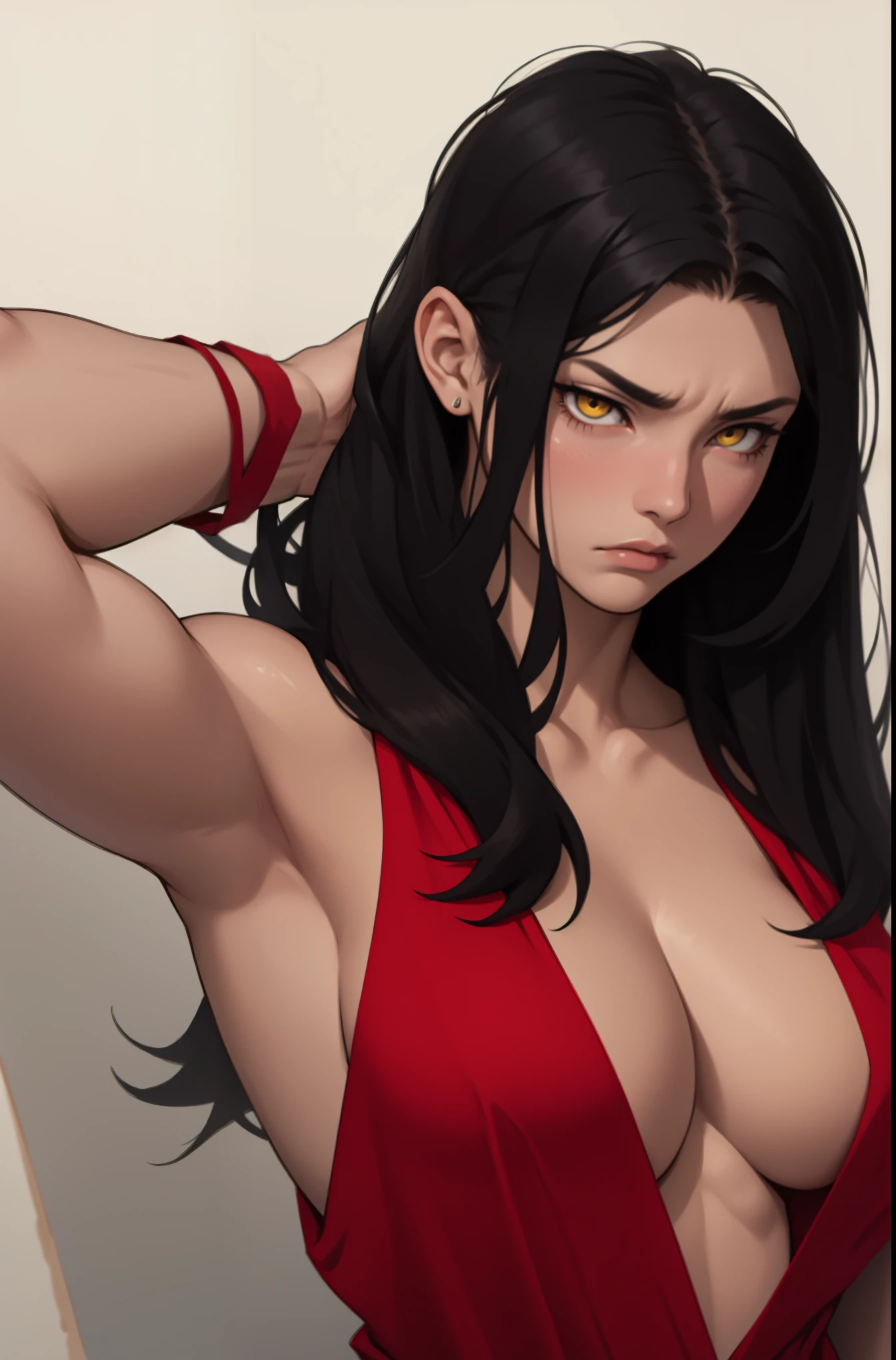 hair flaps massive hair long hair black hair onyx pale skin yellow eyes huge muscles huge breasts sad sad angry sad girl red silk red silk silk sad pale red silk sad