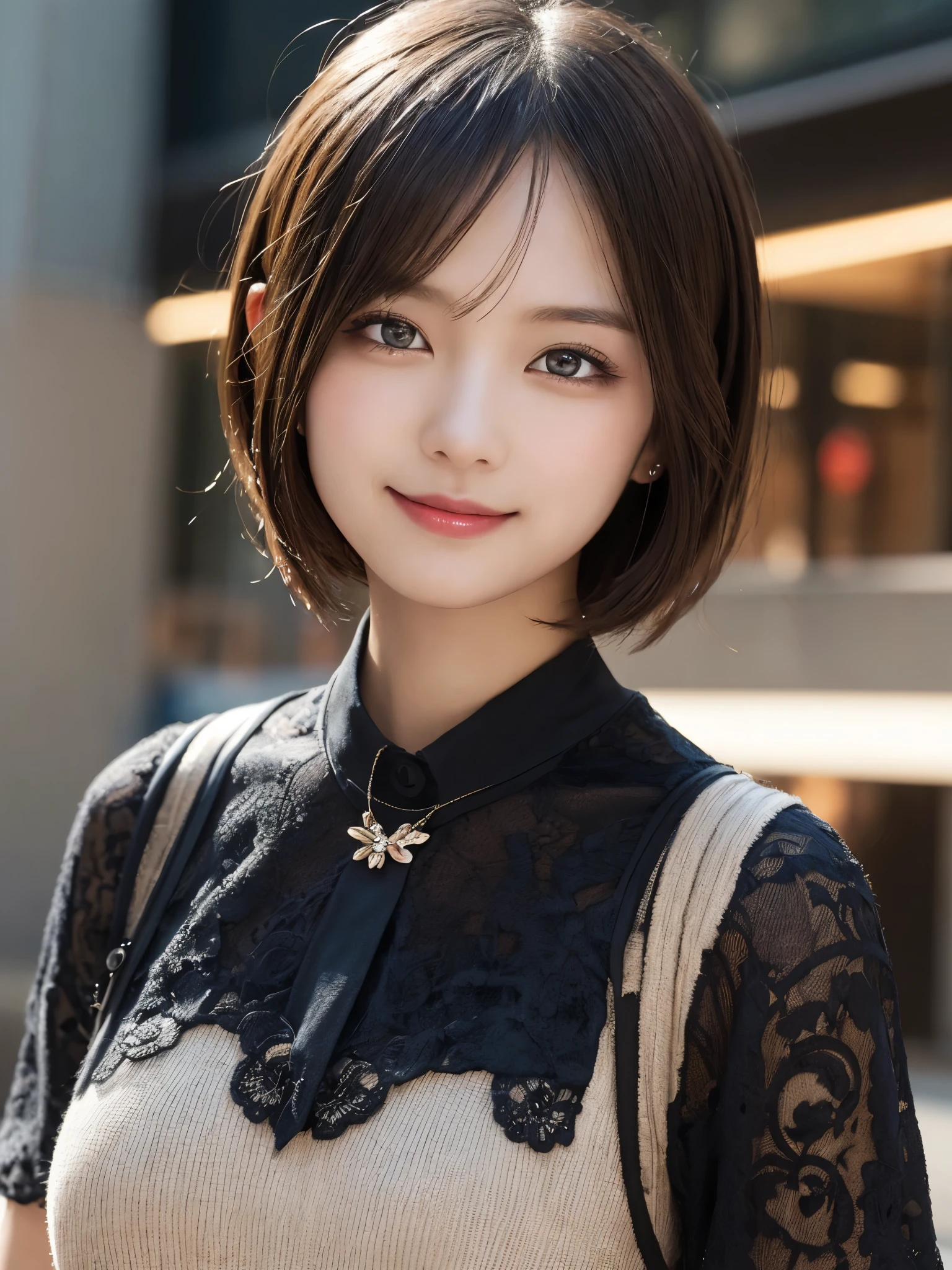 masterpiece, best quality, illustration, ultra-detailed, finely detailed, high resolution, 8K wallpaper, perfect dynamic composition, beautiful detailed eyes, Shibuya, edgy fashion, short hair, fierce expression, cute, smile, looking at camera