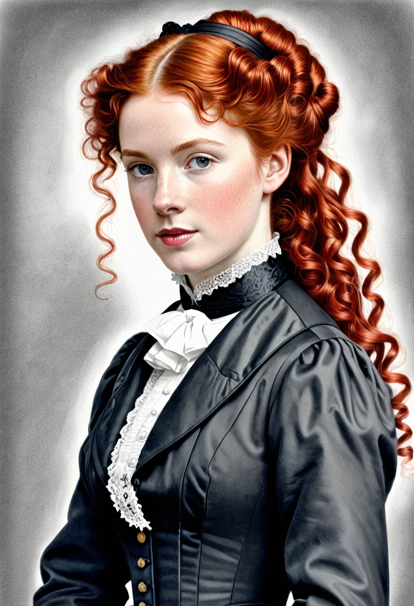 A pencil drawing of a young victorian governess, curly red hair. Kind and inteligent energy.