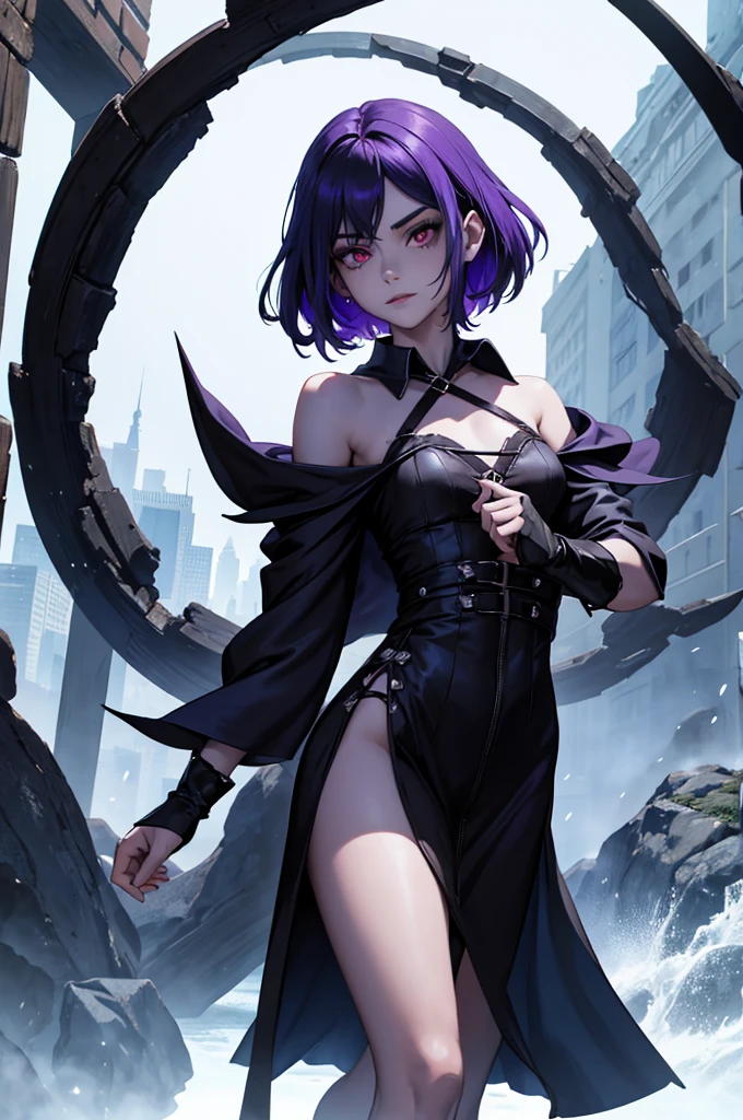 Cute boy, 23 years old, blue skin, black With purple highlights hair, red eyes,Perfect face, androgynous,With feminine features, and delicate body, fantasy Witch Boy Salem, Modern witch aufit,Silent Hill, Wearing clothes from 1693. The robe is two-piece,FemBoy, Gothic style Gothic style, Arriving in New York from a portal.