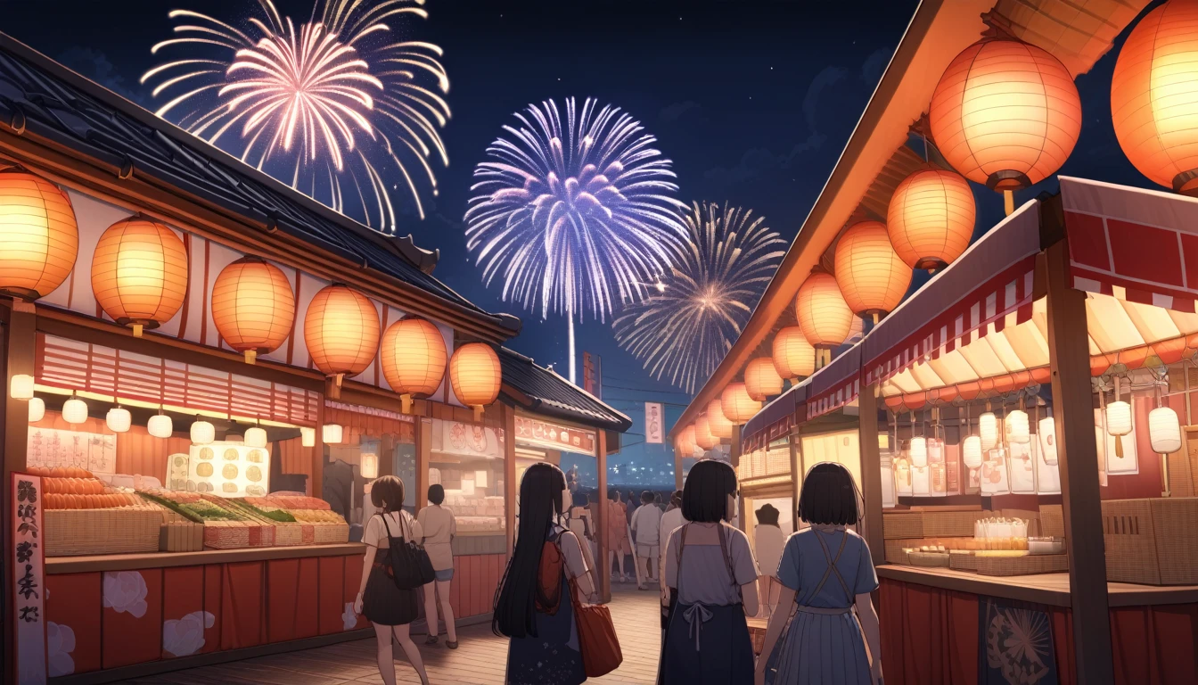 ultra-detailed, (professional lighting) hyper detailed, absurdres, 8k, night, summer, Japan festival stalls, I see fireworks,