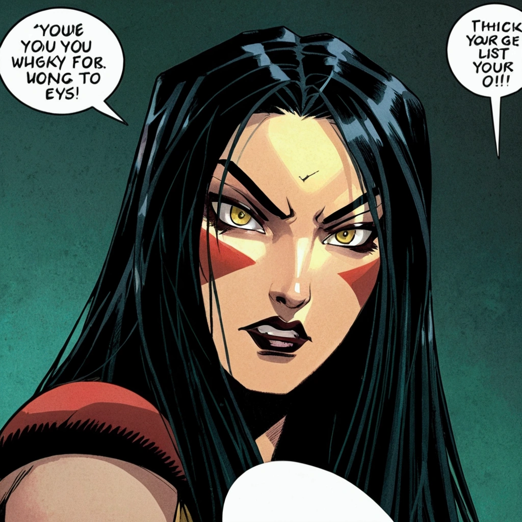 pale angry muscular girl thick chest black hair yellow eyes long hair hair between eyes
