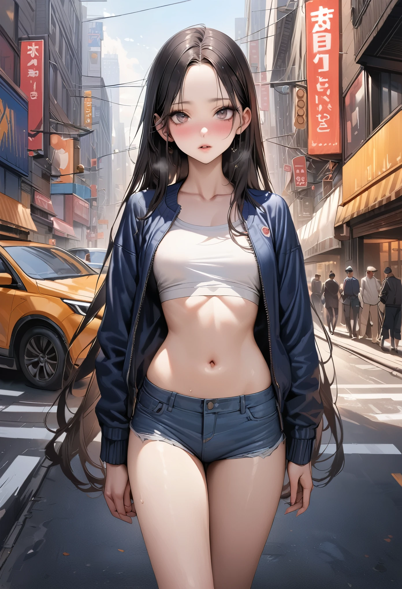 (((masterpiece,Highest quality:1.3,best quality illustration))),((realistic:1.2)),cowboy shot,独奏,1woman,(Mature Beauty),black hair,straight long hair,forehead,center parted bangs,black eyes,(gorgeous big eyes),((very small head:1.2)),blush,((very long body,skinny,slender body)),((Navy blue baseball jacket)),small breasts,gleaming skin,oily skin,denim micro shorts,navel、Wearing a white tube top shirt and a blouson,on street,New York City、