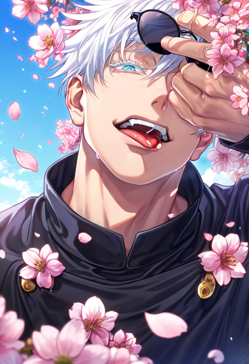 absurdres, highres, ultra detailed, HDR, master piece, best quality, Gojou Satoru, white hair, expressive blue eyes, white eyelashes, left eye closed, Jujutsu Kaisen, black round sunglasse,  solo, sexy man, handsome, horny, lewd, winking, sticking out his tongue, black uniform, cherry blossoms, pink flowers, blue sky, fantasy, pink petals, pink feathers 