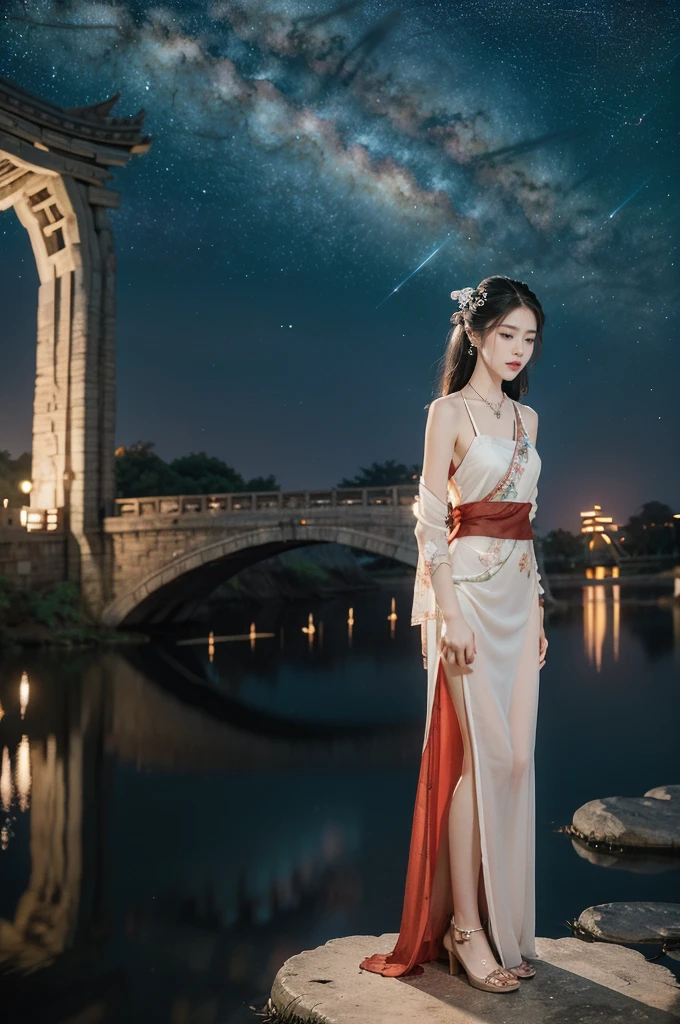 (((best quality))),(((ultra detailed))),(((masterpiece))),illustration,((1 beautiful girl,solo)),(shoulder length straight hair:1.2),((earrings,necklace)),((slim,thin)),((small breasts,flat chest)),(gorgeous sheer red Hanfu:1.5),(slender legs:1.2),(loafers:1.2),(standing:1.3),(arms behind back:1.5),(on the stone arch bridge:1.3),((starry sky,the Milky Way,horizon)),elegance, grace, sophisticated updo, delicate hairpins, twinkling stars, radiant smile, bright eyes, wonder, beauty of the night sky, intricate patterns, flowers, birds, vibrant colors, ethereal, enchanting, old bridge, weathered, sturdy, natural surroundings, serene, peaceful atmosphere, rippling water, stars, graceful silhouette, magic, tranquility, twinkling stars, mesmerizing canopy of light, cool air, crisp, faint scent of blooming flowers, contemplation, admiration, ancient China, timeless, rich culture, traditions, captivating, enchanting atmosphere, myth, legend,((from front,full body))