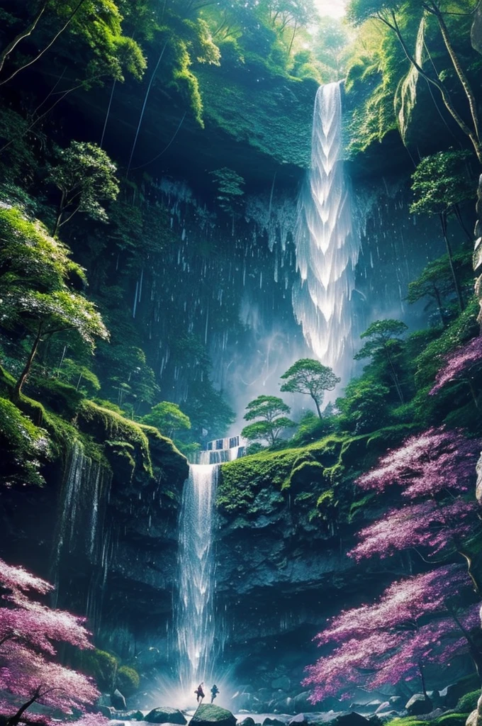 The Crystal Caves were known to be filled with dazzling gems and magical creatures. Sparkle and Twinkle set off together, hopping over streams and weaving through tall trees until they reached the Great Waterfall. The waterfall cascaded down from a cliff, creating a misty rainbow in the air.
"We need to fly over the waterfall," Twinkle suggested, fluttering her wings.