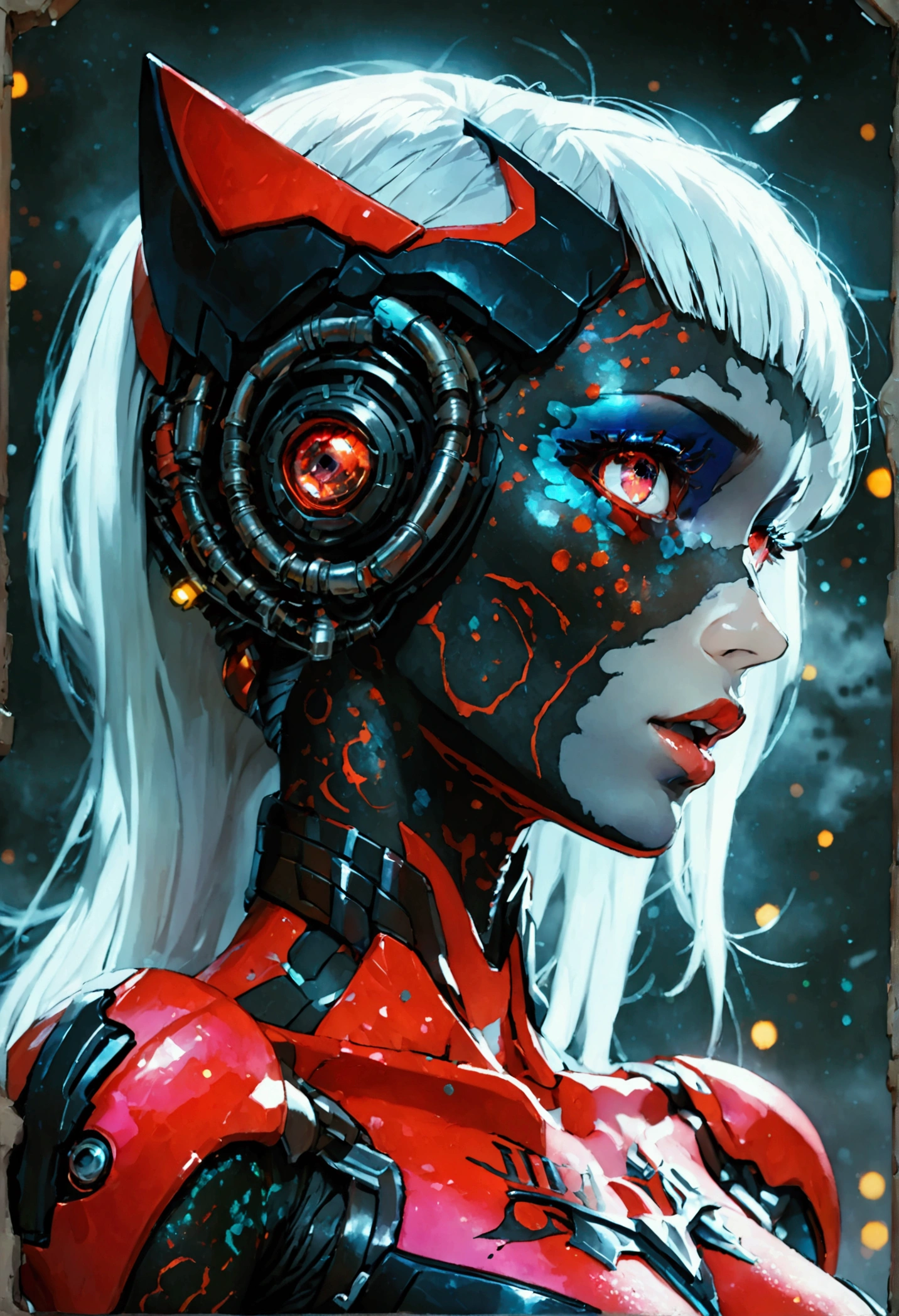 full body , a black bat next to a robot female cyborg , mouth open roaring, titanium red armor with light and glitter, long silver hair with light skulls on hair, text and painting tattoos on the face, snake lightening eyes with one eye closed, cosmos eyes, next to a black spider, highly detailed fur (vectorized) red lightening eyes, detailed skin, image is compelling with dynamic composition and dark posing. Include many fantasy details such as bumps, phantasmal iridescence, glitter, galaxy, cosmos, void energy color, ((dark celestialskin body, void cosmic body)), (((dark background))), (((lights off))), (((hollywood dark))), horror, dramatic shadows, (in a dark fantasy space:1.3, glitter, sparkle, gleam) vector digital illustration, ()sharp