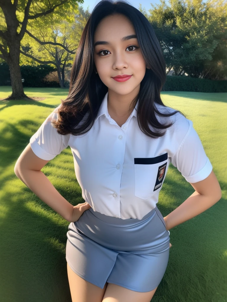 1girl, solo, (uniform), standing, outdoors, Night view, Metropolitan city scenery at the background, (ultra wide angle shot: 1.4), beautiful scenery, detailed face, little smile, detailed eyes, thick breasts, smooth detailed skin, tight white shirt, grey blue short skirt, looking at the audience, low angle shot,(8k, RAW photo, best quality, masterpiece: 1.2), (realistic, realistic: 1.37), ultra-high resolution