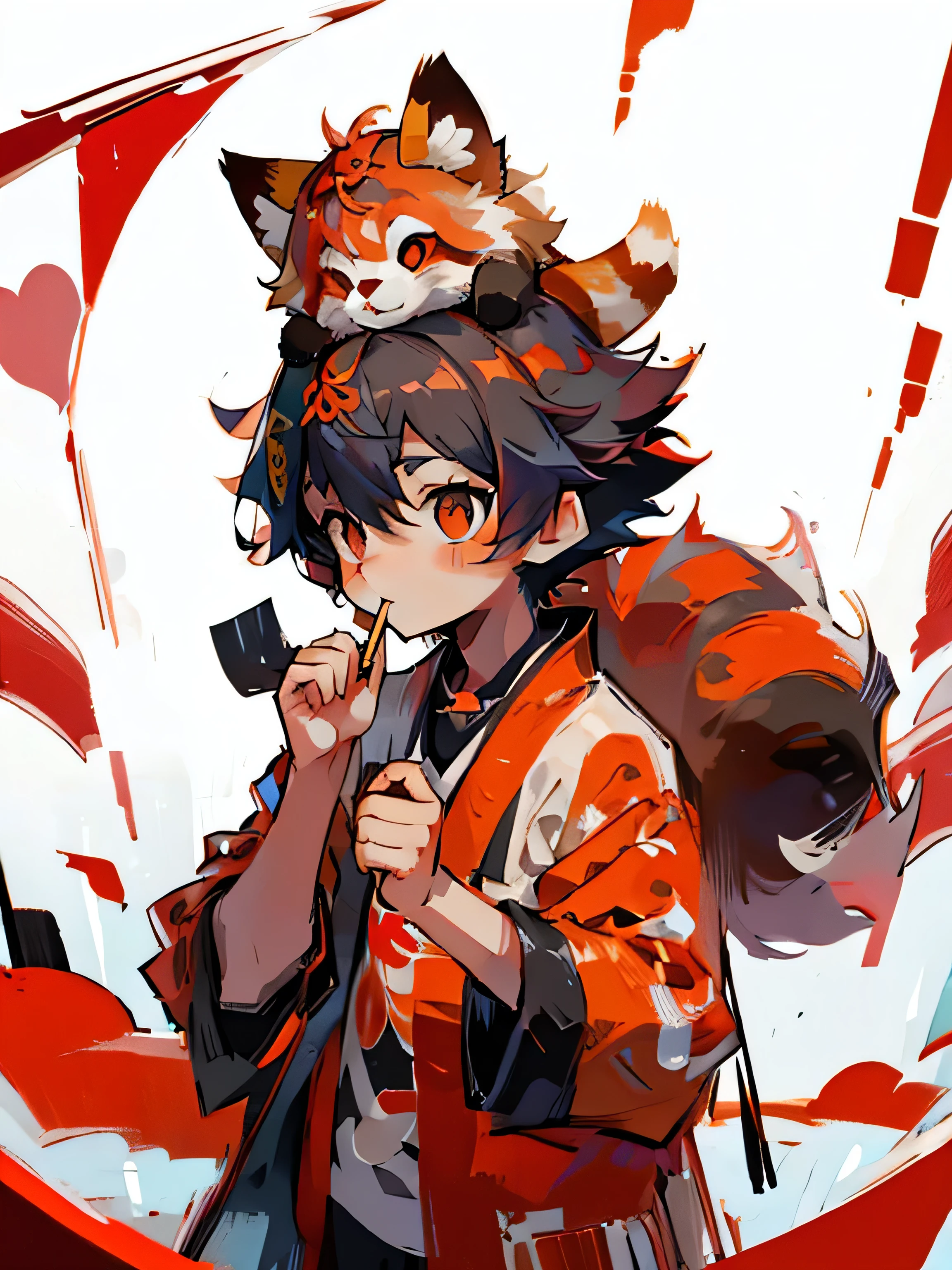 a  eating sushi with a red panda on his head