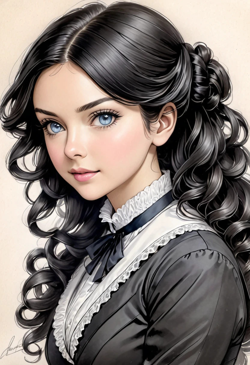 A pencil drawing of a young victorian governess, curly black hair. Kind and inteligent energy.