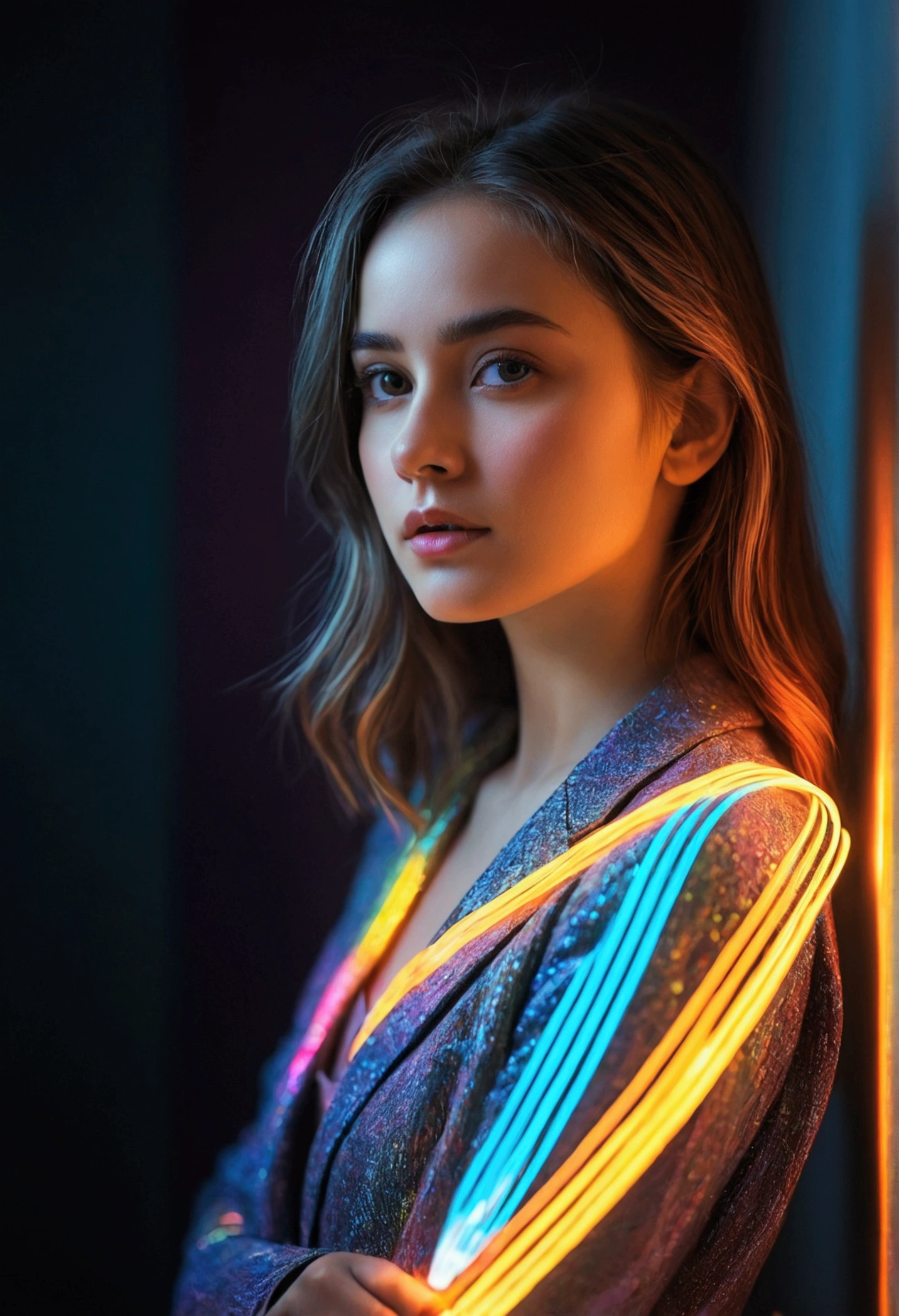 Colorful light strips shining on beautiful girl&#39;s face，Full body postmodern photography art hazy，The background is too blurry，Dream photography，Old sci-fi blurry cover grainy old photo scratches，Best Award-winning Works