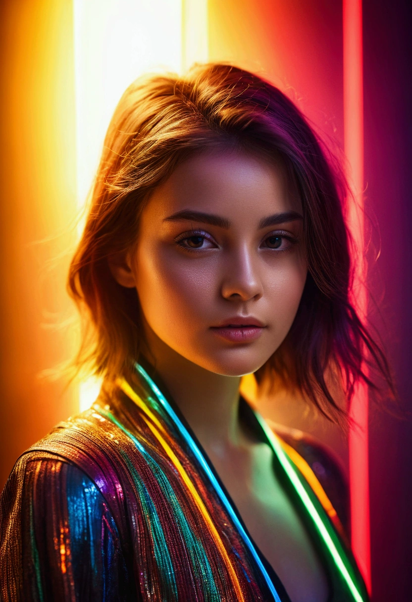 Colorful light strips shining on beautiful girl's face,Full body postmodern photography art hazy,The background is too blurry,Dream photography,Old sci-fi blurry cover grainy old photo scratches,Best Award-winning Works